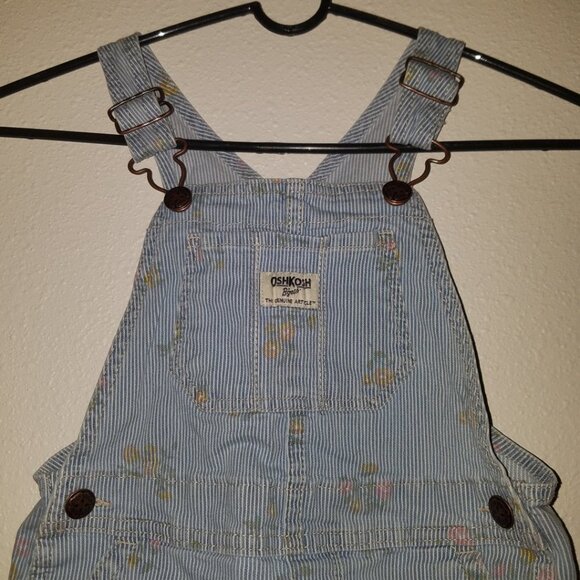 VTG OshKosh Floral Shortalls 5T Toddler Girl Shorts Overalls Blue Stripes FADING - Picture 2 of 8
